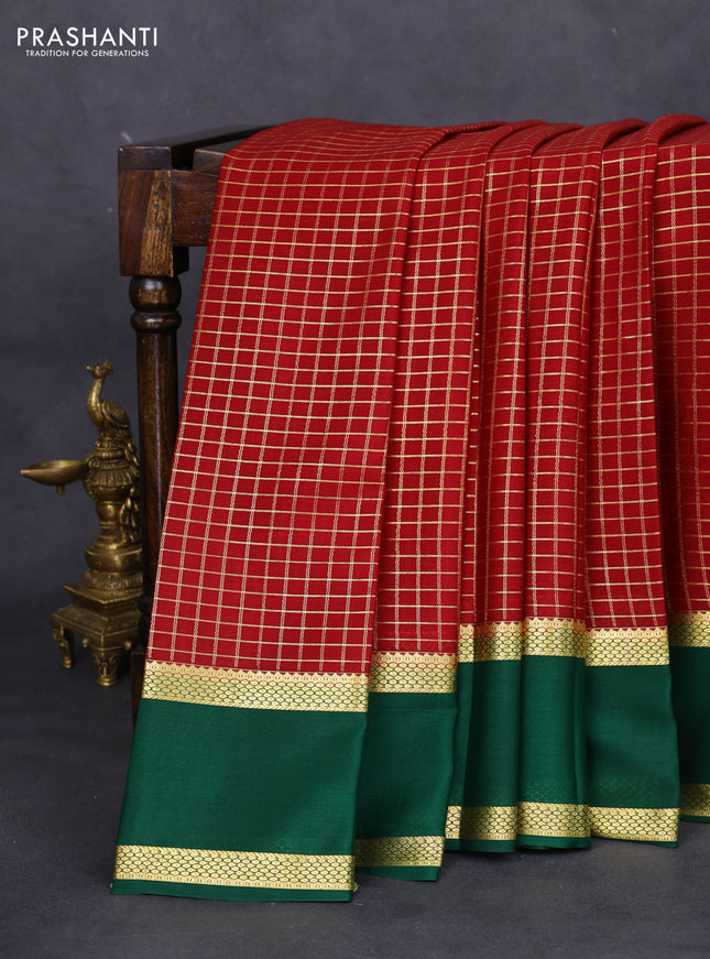 Pure mysore silk saree maroon and green with allover zari checked pattern and rettapet zari woven border