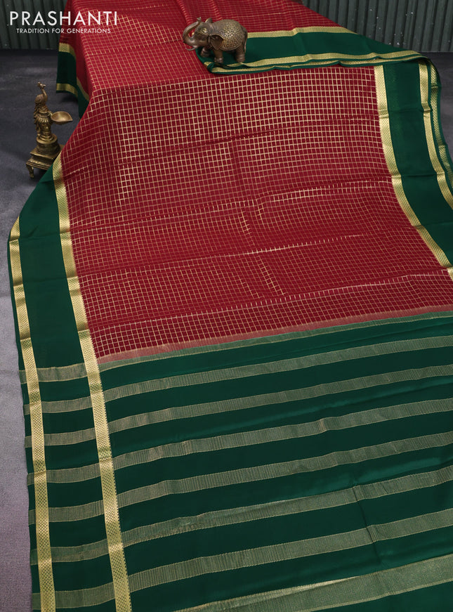 Pure mysore silk saree maroon and green with allover zari checked pattern and rettapet zari woven border