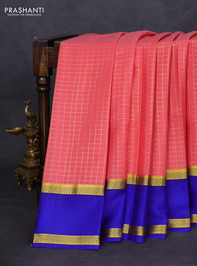 Pure mysore silk saree peach pink and blue with allover zari checked pattern and rettapet zari woven border