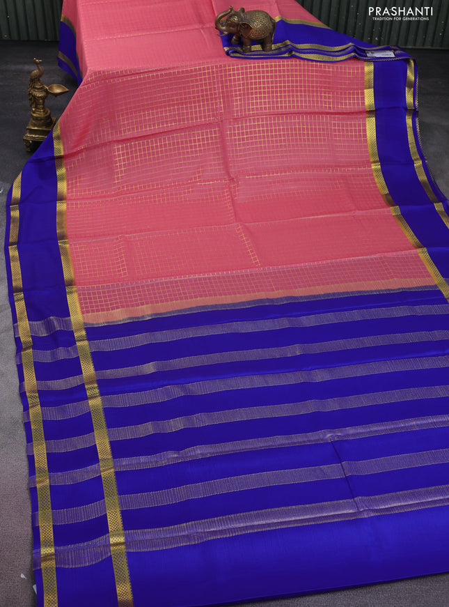 Pure mysore silk saree peach pink and blue with allover zari checked pattern and rettapet zari woven border