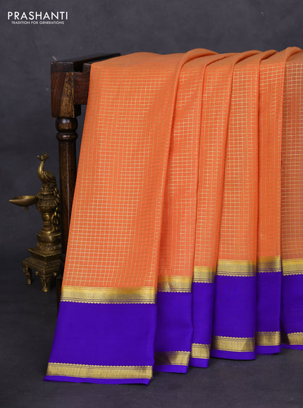 Pure mysore silk saree pale orange and blue with allover zari checked pattern and rettapet zari woven border