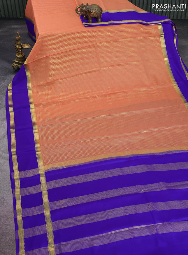 Pure mysore silk saree pale orange and blue with allover zari checked pattern and rettapet zari woven border