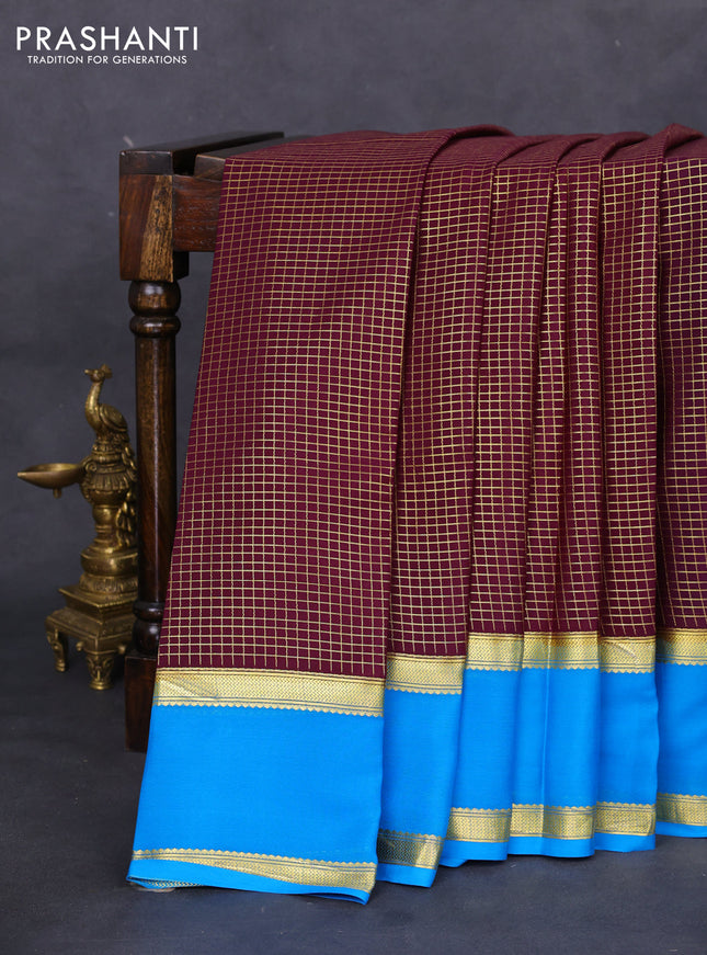 Pure mysore silk saree wine shade and cs blue with allover zari checked pattern and rettapet zari woven border
