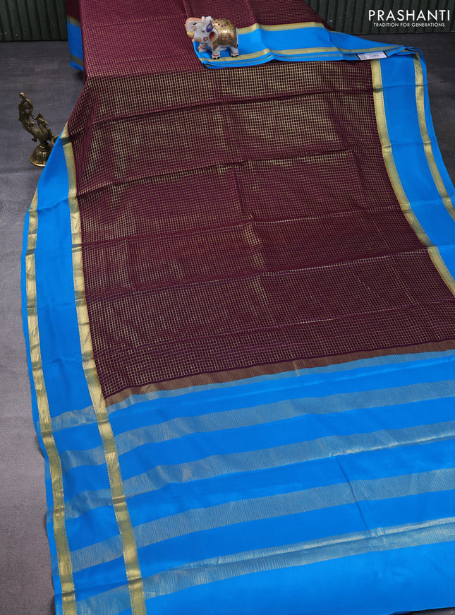 Pure mysore silk saree wine shade and cs blue with allover zari checked pattern and rettapet zari woven border