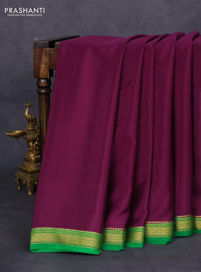 Pure mysore silk saree wine shade and green with plain body and zari woven border