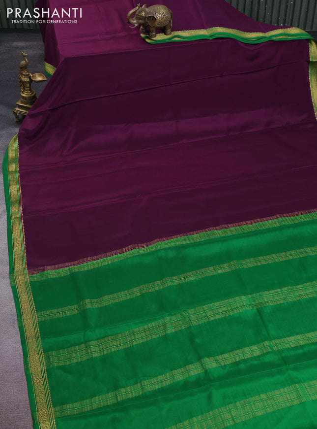 Pure mysore silk saree wine shade and green with plain body and zari woven border