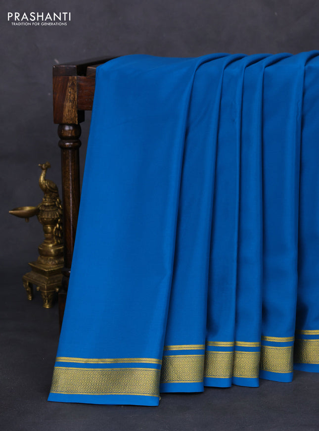 Pure mysore silk saree cs blue with plain body and zari woven border
