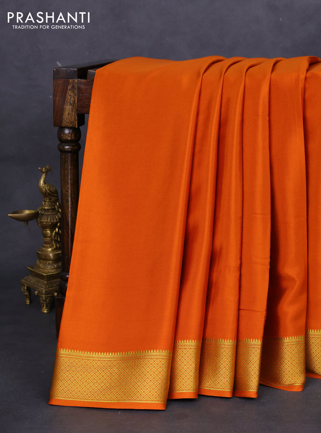 Pure mysore silk saree orange with plain body and zari woven border