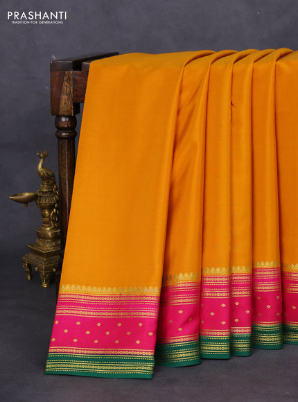 Pure mysore silk saree mustard yellow and pink green with plain body and zari woven border