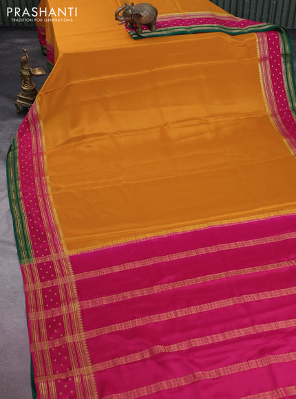 Pure mysore silk saree mustard yellow and pink green with plain body and zari woven border