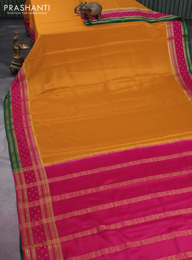 Pure mysore silk saree mustard yellow and pink green with plain body and zari woven border