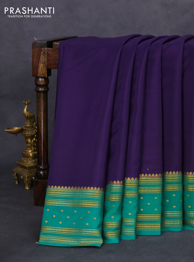 Pure mysore silk saree blue and green with plain body and zari woven border