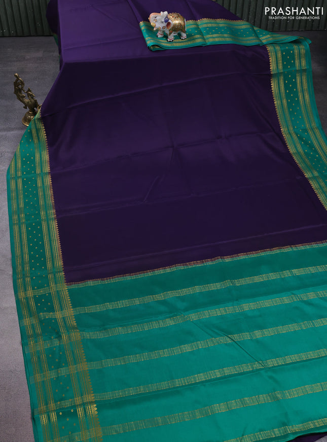 Pure mysore silk saree blue and green with plain body and zari woven border