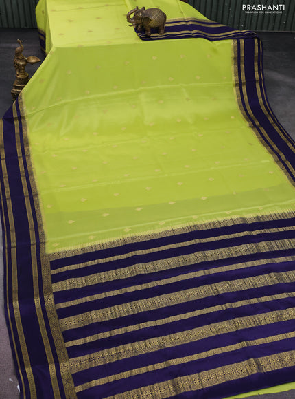 Pure mysore silk saree fluorescent green and navy blue with zari woven buttas and zari woven border