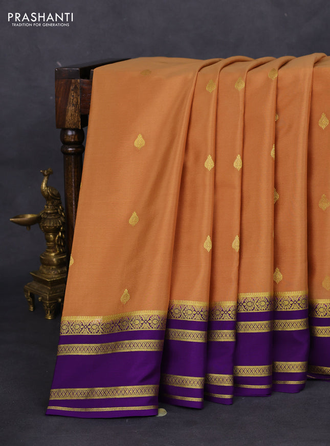 Pure mysore silk saree sandal and violet with zari woven buttas and zari woven border