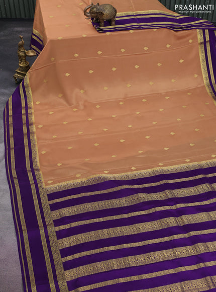 Pure mysore silk saree sandal and violet with zari woven buttas and zari woven border