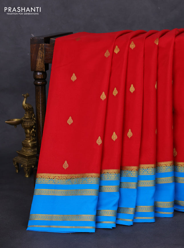 Pure mysore silk saree red and cs blue with zari woven buttas and zari woven border