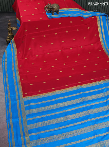 Pure mysore silk saree red and cs blue with zari woven buttas and zari woven border