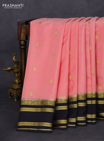 Pure mysore silk saree peach shade and black with zari woven buttas and zari woven border