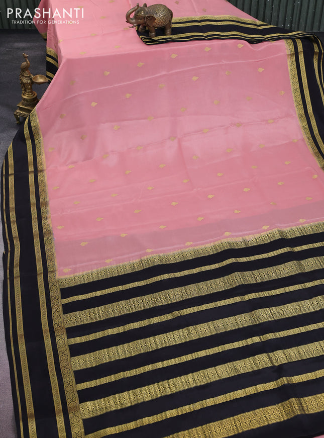 Pure mysore silk saree peach shade and black with zari woven buttas and zari woven border