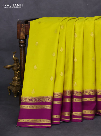 Pure mysore silk saree lime yellow and purple with zari woven buttas and zari woven border