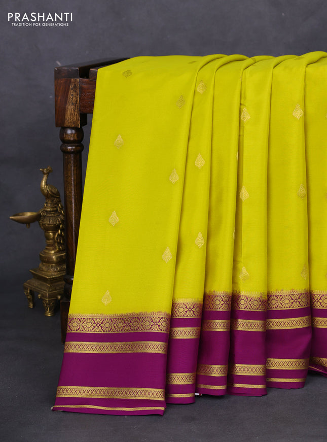 Pure mysore silk saree lime yellow and purple with zari woven buttas and zari woven border