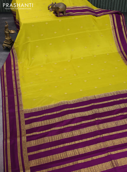 Pure mysore silk saree lime yellow and purple with zari woven buttas and zari woven border