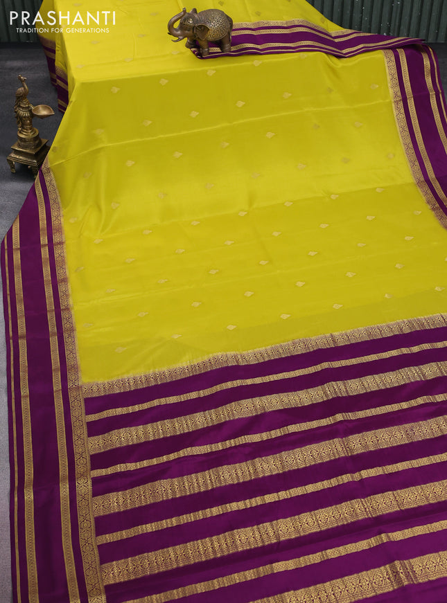 Pure mysore silk saree lime yellow and purple with zari woven buttas and zari woven border