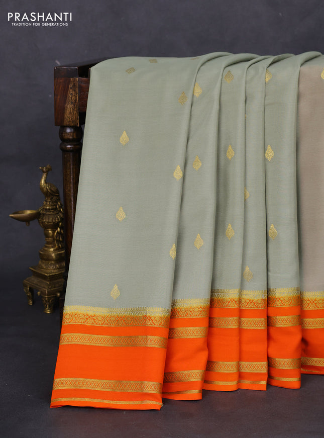 Pure mysore silk saree elaichi green and orange with zari woven buttas and zari woven border