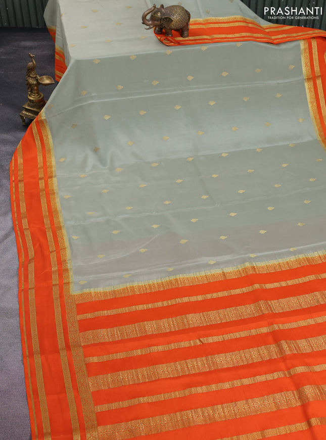 Pure mysore silk saree elaichi green and orange with zari woven buttas and zari woven border