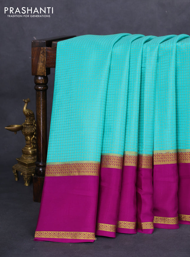 Pure mysore silk saree teal blue and purple with allover small zari checks and rettapet zari woven border
