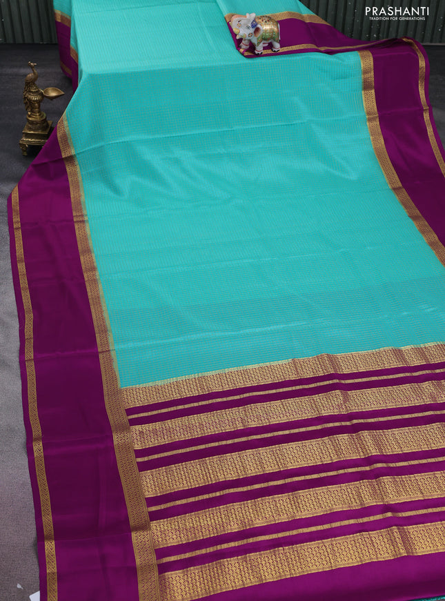 Pure mysore silk saree teal blue and purple with allover small zari checks and rettapet zari woven border
