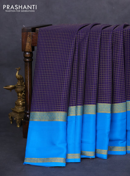 Pure mysore silk saree navy blue and cs blue with allover small zari checks and rettapet zari woven border