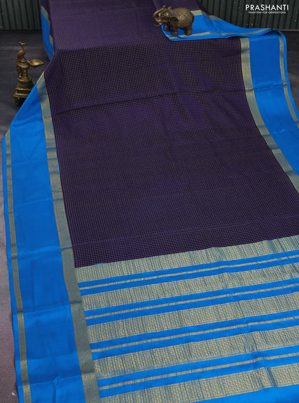Pure mysore silk saree navy blue and cs blue with allover small zari checks and rettapet zari woven border