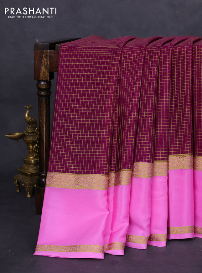 Pure mysore silk saree purple and light blue with allover small zari checks and rettapet zari woven border