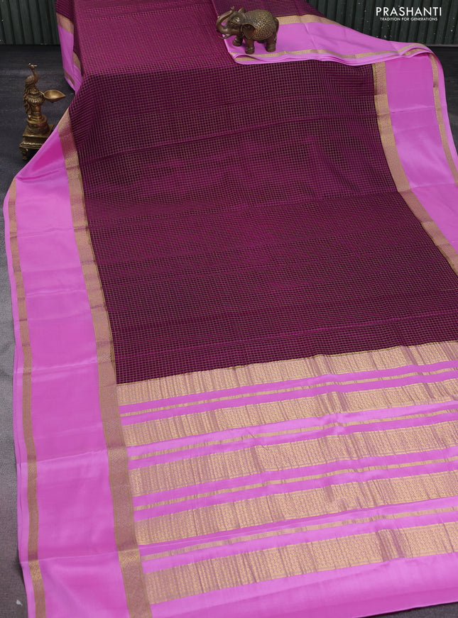 Pure mysore silk saree purple and light blue with allover small zari checks and rettapet zari woven border