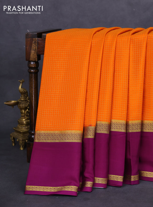 Pure mysore silk saree orange and purple with allover small zari checks and rettapet zari woven border