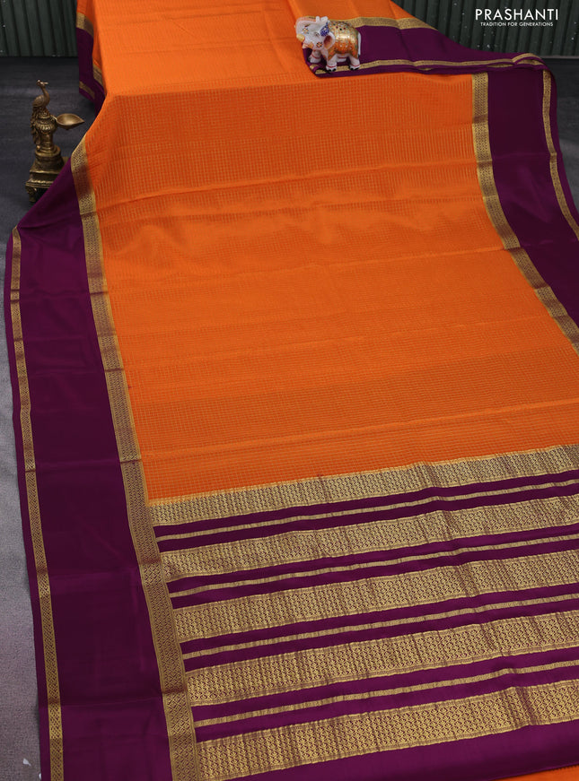 Pure mysore silk saree orange and purple with allover small zari checks and rettapet zari woven border