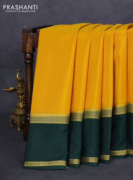 Pure mysore silk saree mustard yellow and green with allover small zari checks and rettapet zari woven border