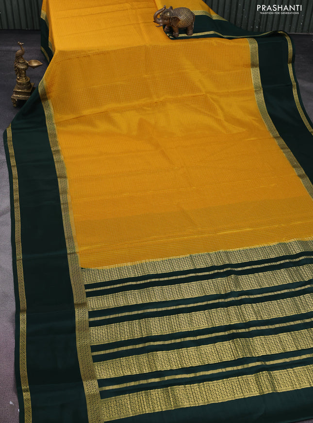 Pure mysore silk saree mustard yellow and green with allover small zari checks and rettapet zari woven border