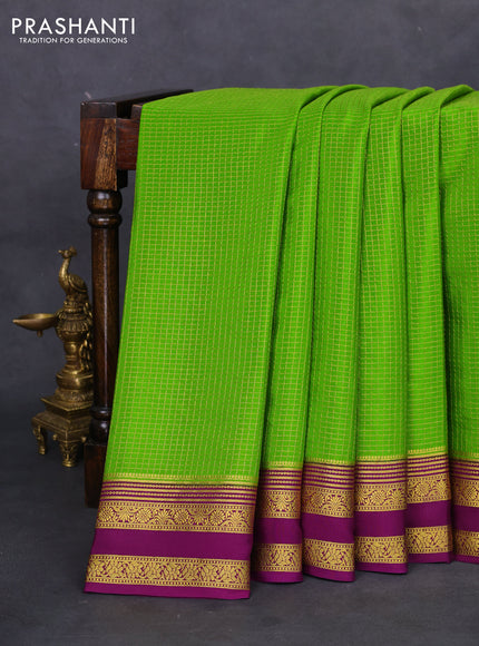 Pure mysore silk saree light green and purple with allover small zari checks and rettapet zari woven border