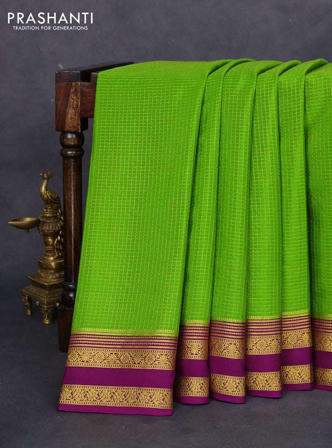 Pure mysore silk saree light green and purple with allover small zari checks and rettapet zari woven border