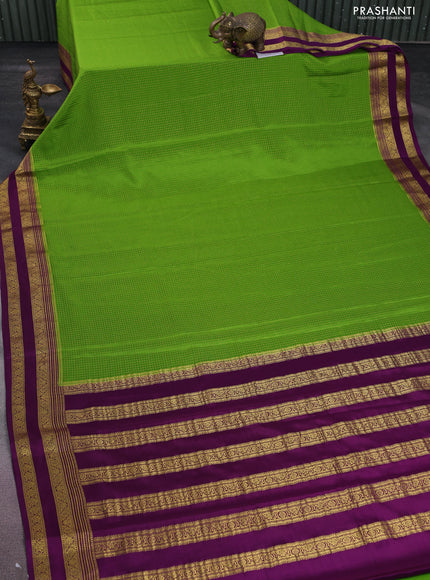 Pure mysore silk saree light green and purple with allover small zari checks and rettapet zari woven border