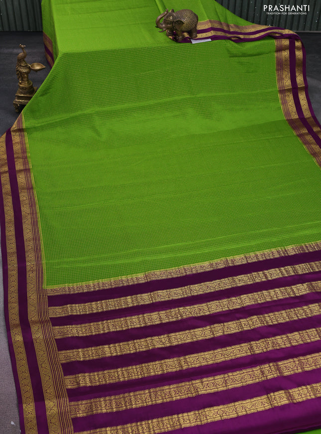 Pure mysore silk saree light green and purple with allover small zari checks and rettapet zari woven border