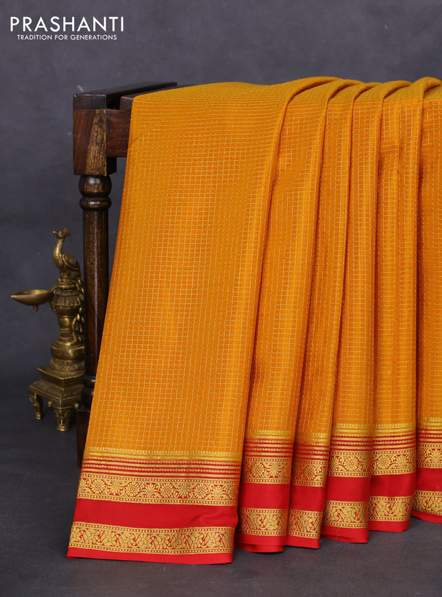 Pure mysore silk saree mustard yellow and red with allover small zari checks and rettapet zari woven border