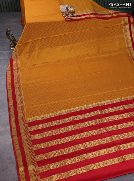Pure mysore silk saree mustard yellow and red with allover small zari checks and rettapet zari woven border