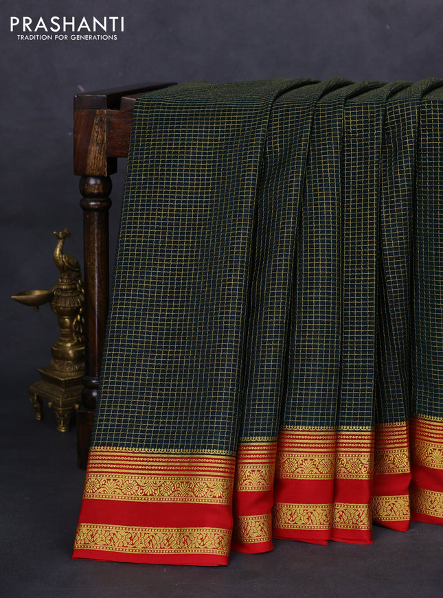 Pure mysore silk saree green and red with allover small zari checks and zari woven border