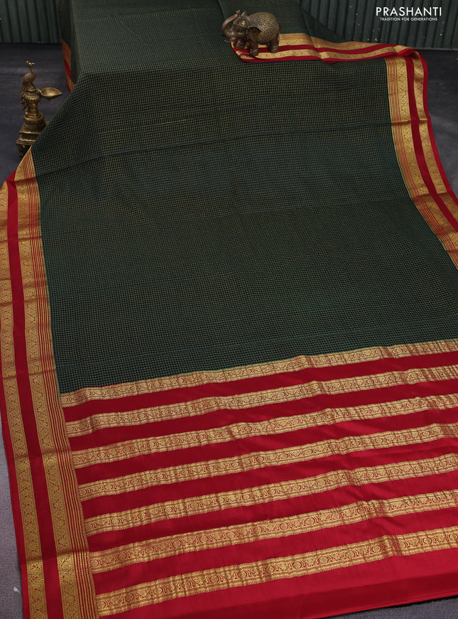 Pure mysore silk saree green and red with allover small zari checks and zari woven border