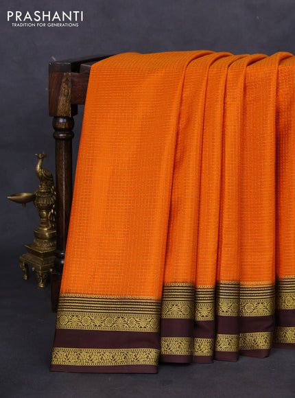 Pure mysore silk saree orange and brown with allover small zari checks and zari woven border