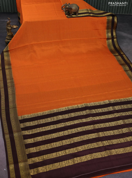 Pure mysore silk saree orange and brown with allover small zari checks and zari woven border